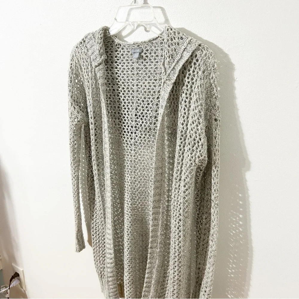 Aerie Light Gray Open-Knit Long Sleeve Cotton Blend Cardigan Sweater with a Hood